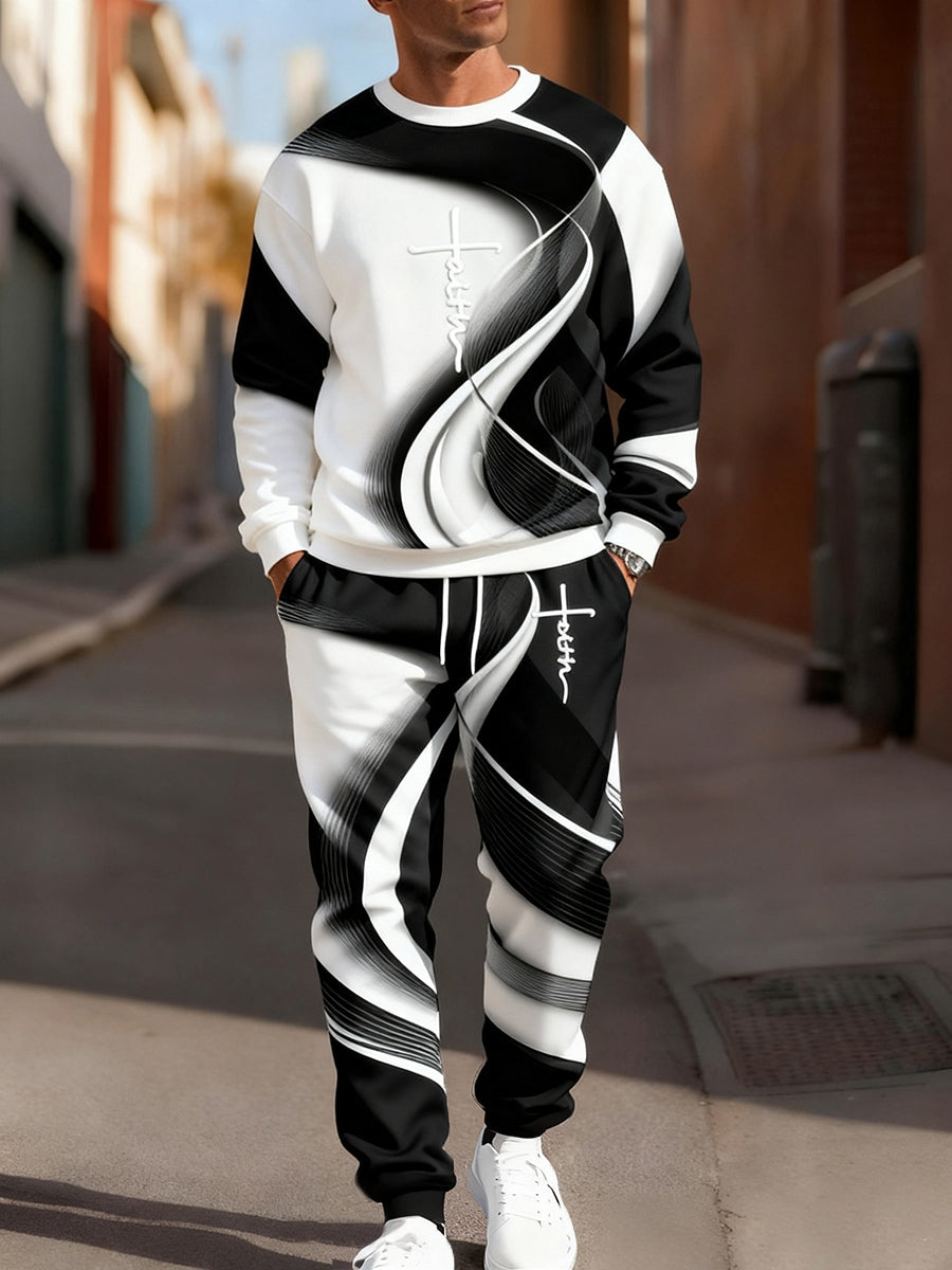 Men's Retro Faith Art Print Casual Crew Neck Sweatshirt and Pants 2-Piece Set