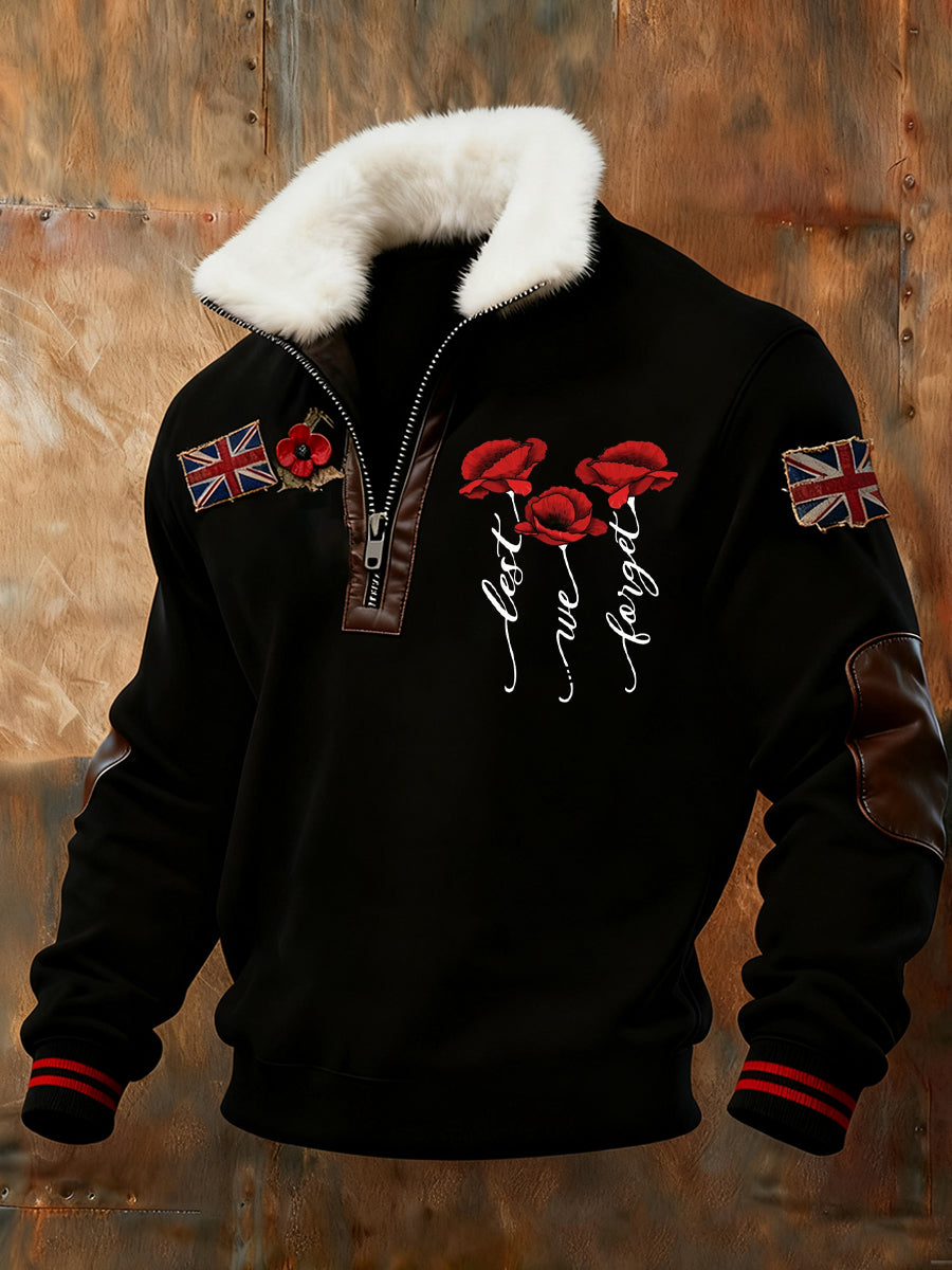 Men's Memorial Day "Forget Me Not" Poppy Fur Collar Sweatshirt
