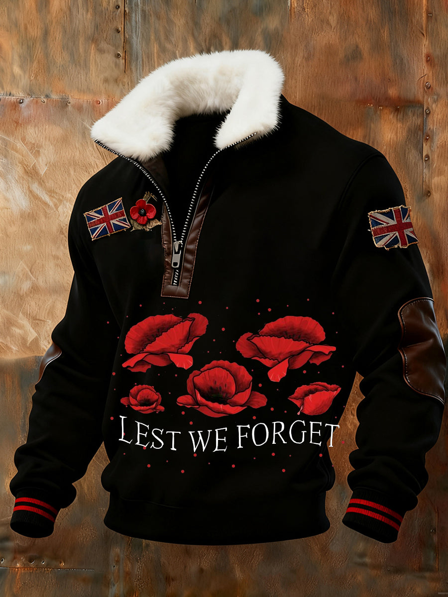 Men's Memorial Day "Forget Me Not" Poppy Fur Collar Sweatshirt