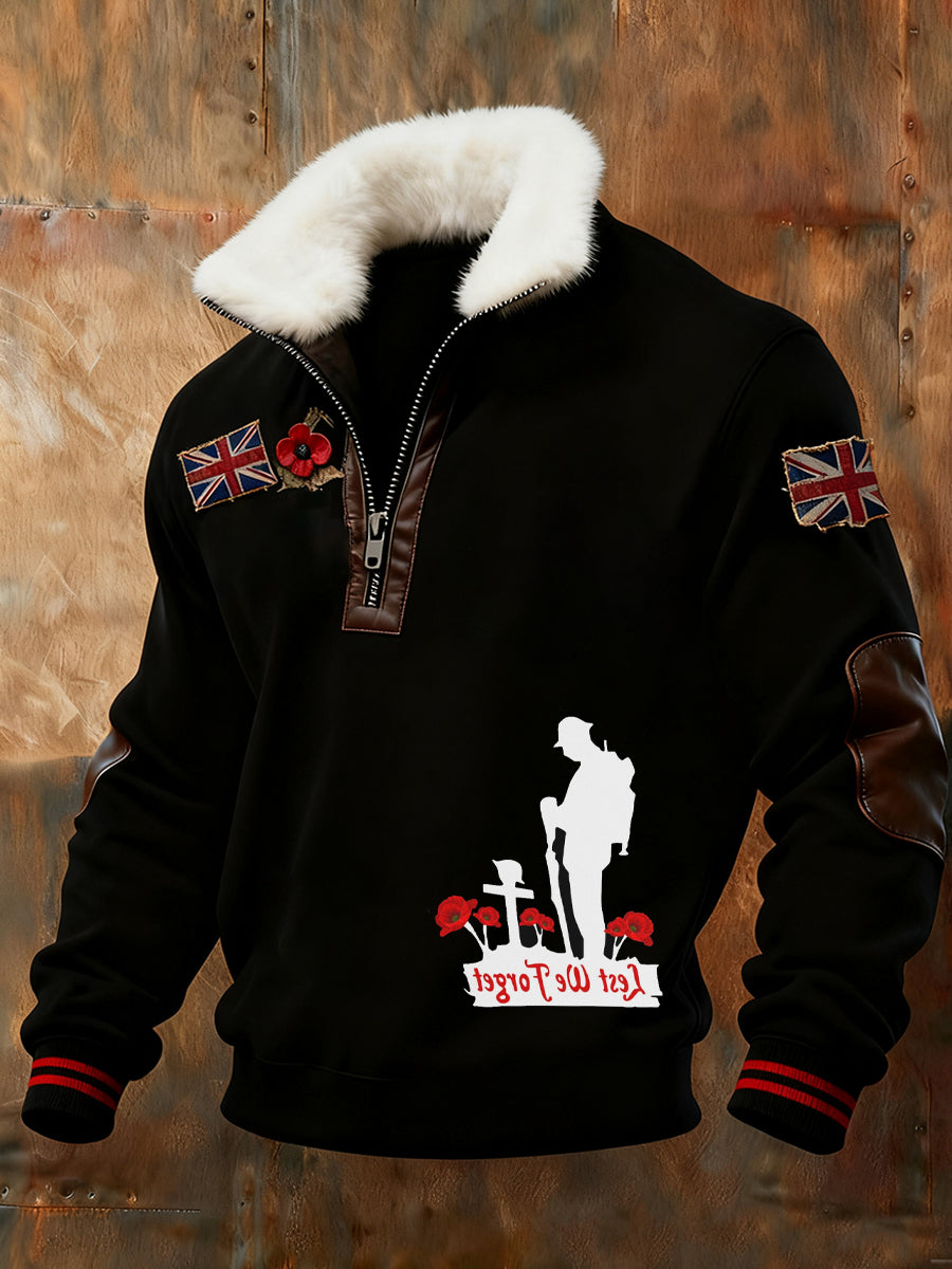 Men's Memorial Day "Forget Me Not" Poppy Fur Collar Sweatshirt