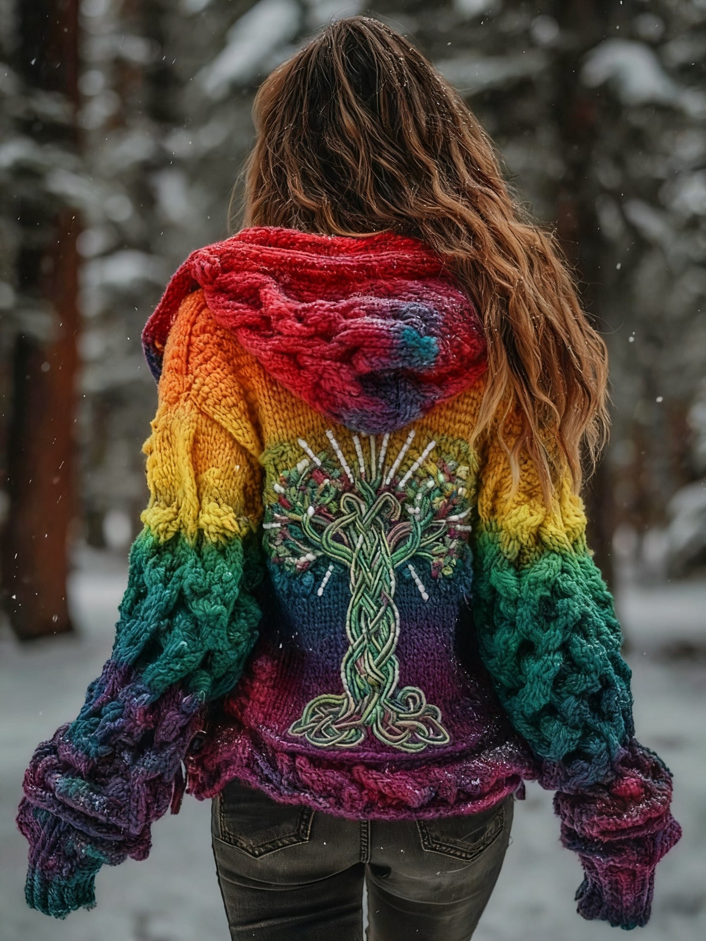 Women's Viking Tree Of Life Pattern Gradient Multicolour Cardigan Knit Jacket