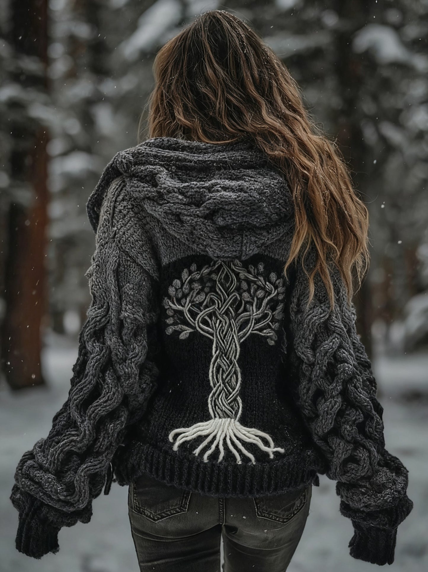 Women's Viking Tree Of Life Pattern Gradient Cardigan Knit Jacket