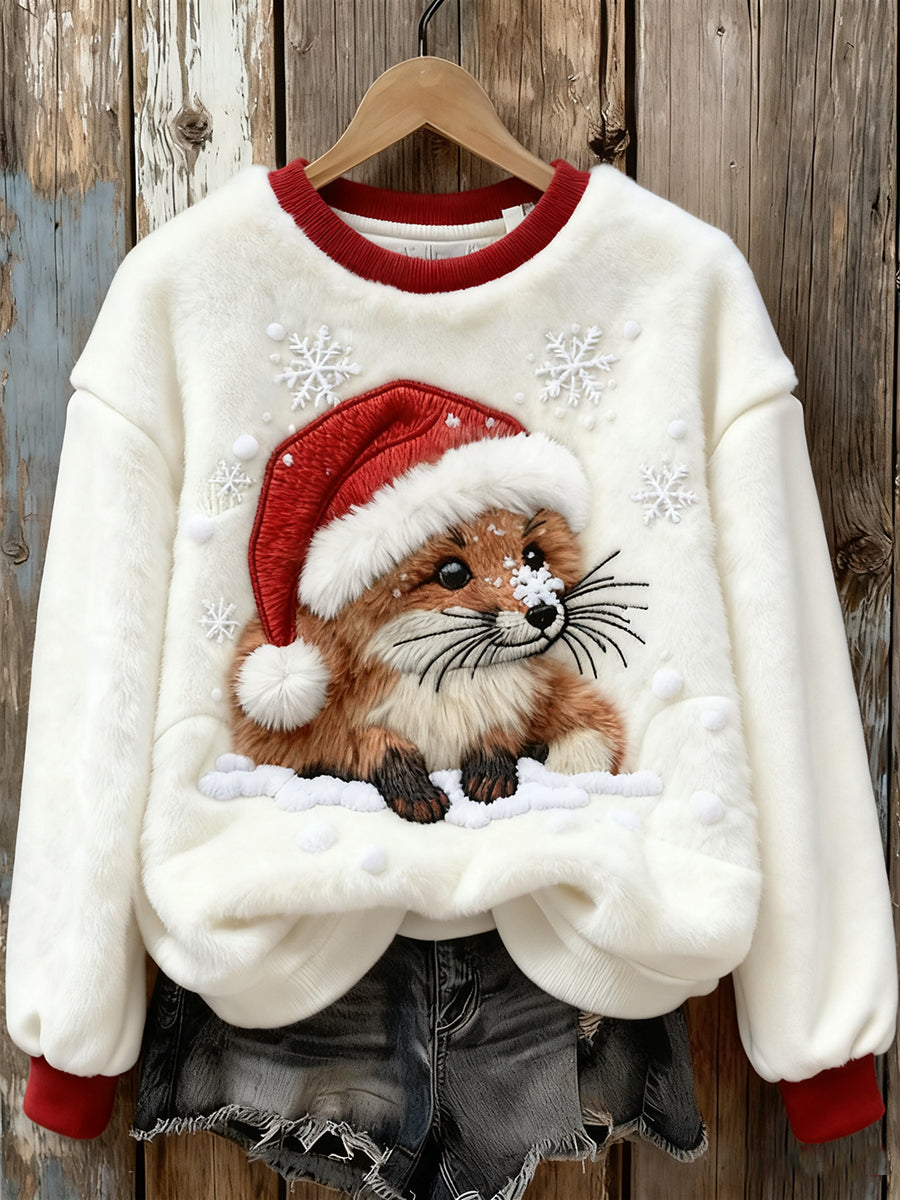 Women's Cute Christmas Fox Art Print Casual Flannel Sweatshirt