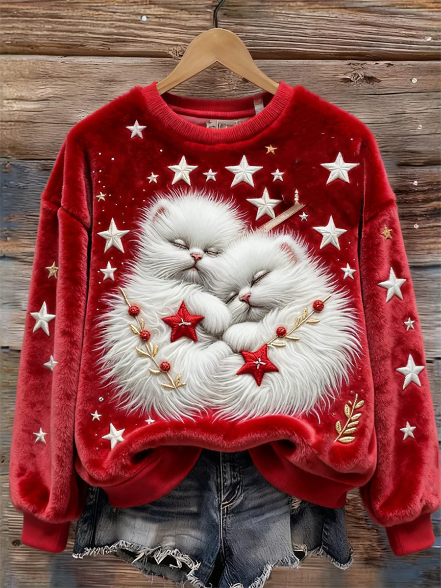 Women's Cat and Christmas star print Flannel Hoodie