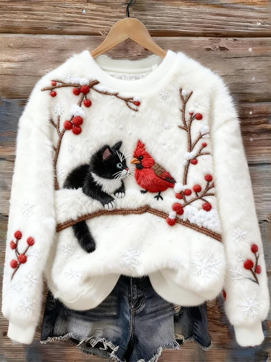 Women's Christmas Cute Cat Art Flannel Sweatshirt