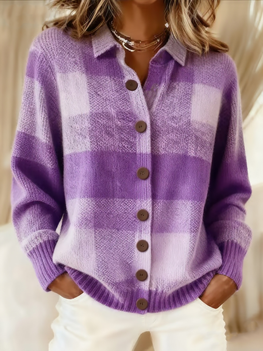Women's Purple Art Knit Lapel Button Knit Cardigan