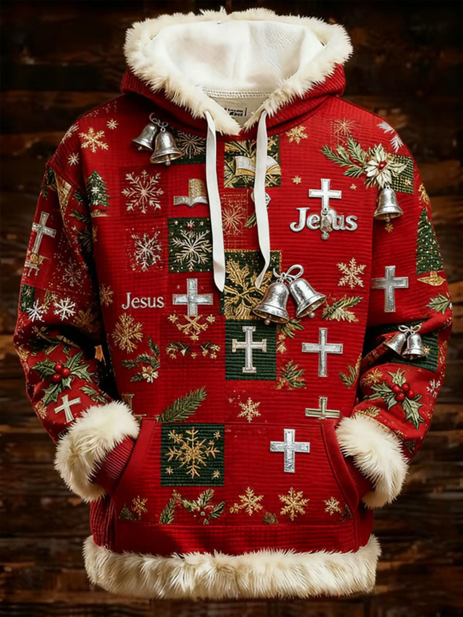 Men's Christmas Cross Casual Fur Collar Hoodie