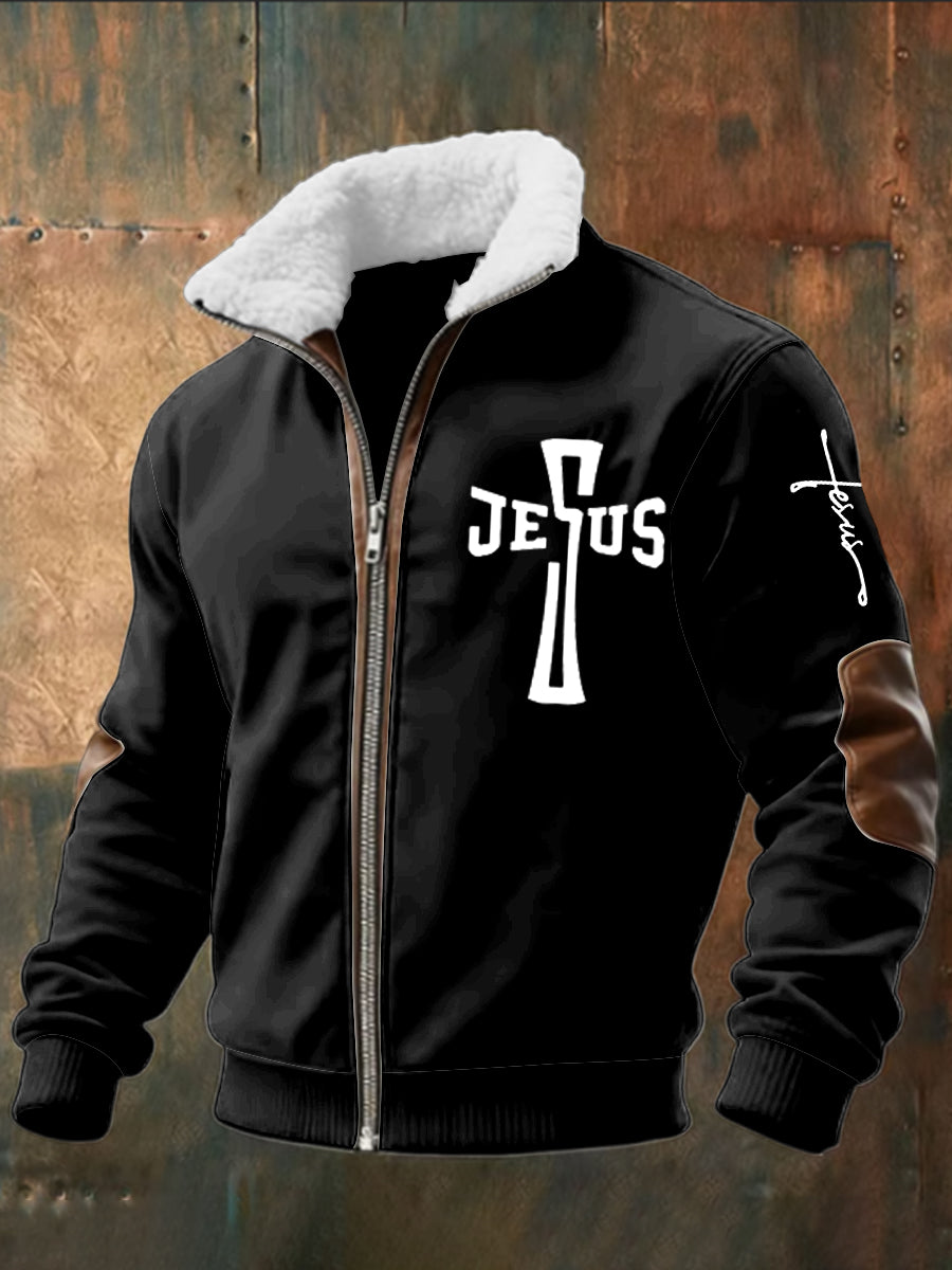 Retro Jesus Cross Lambskin Patchwork Zipper Jacket