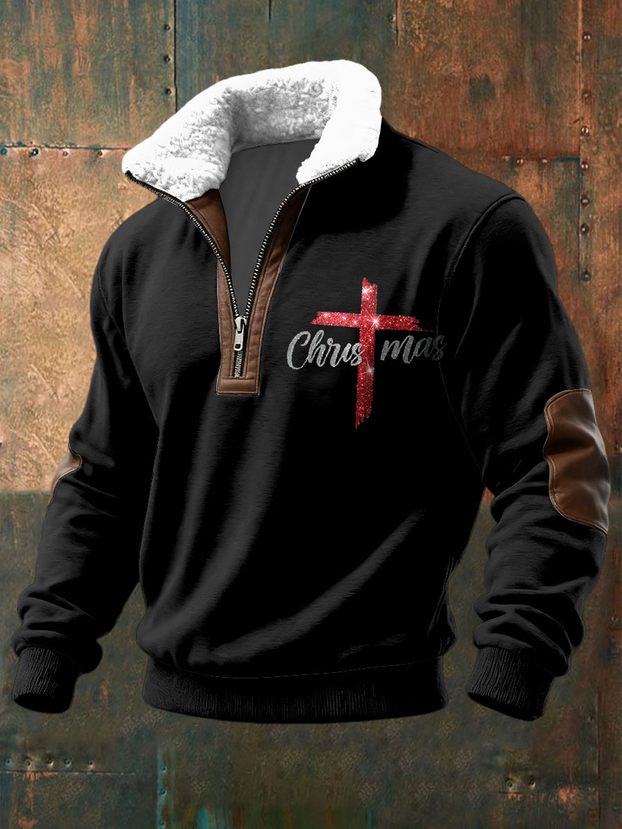 Retro Christmas Jesus Lambswool Patchwork Zipper Pullover