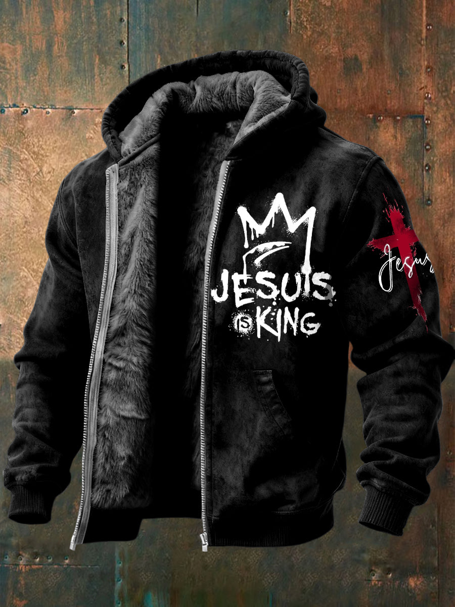 Vintage-Washed Jesus Is King Fleece-Lined Hooded Zip-Up Jacket