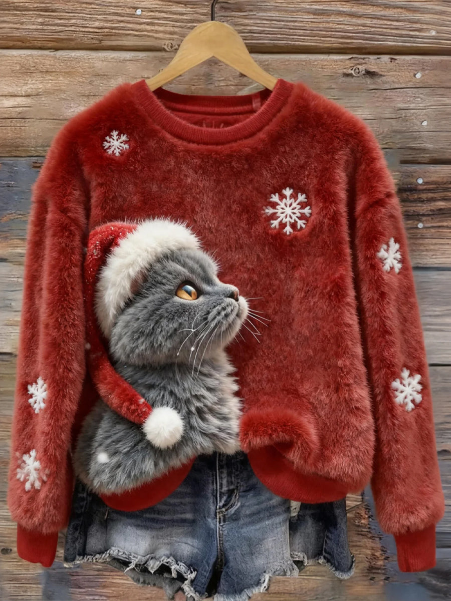 Women's Cute Christmas Cat Art Print Casual Flannel Sweatshirt