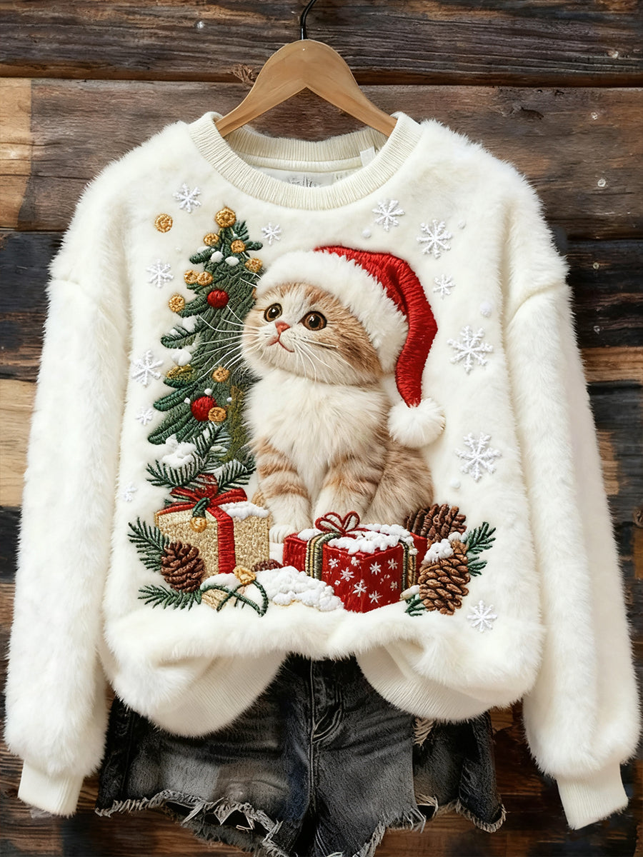 Women's Cute Christmas Cat Art Print Casual Flannel Sweatshirt
