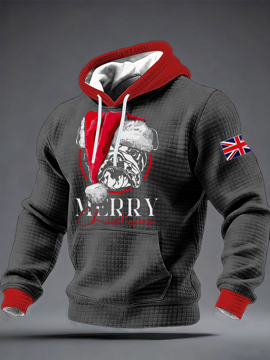 Men's Merry Christmas Bulldog Print Checkered Cotton Hoodie