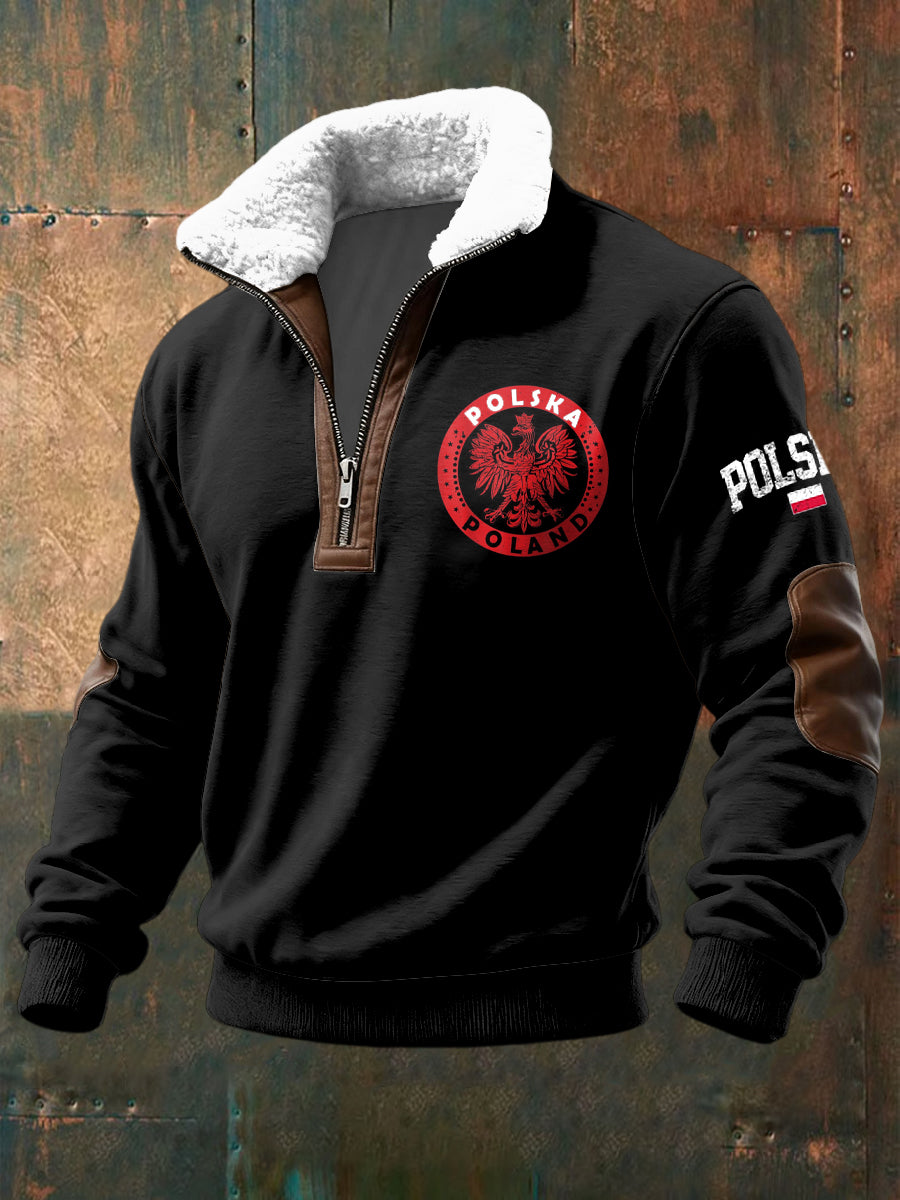 Retro Polish Emblem Lambswool Patchwork Zipper Pullover
