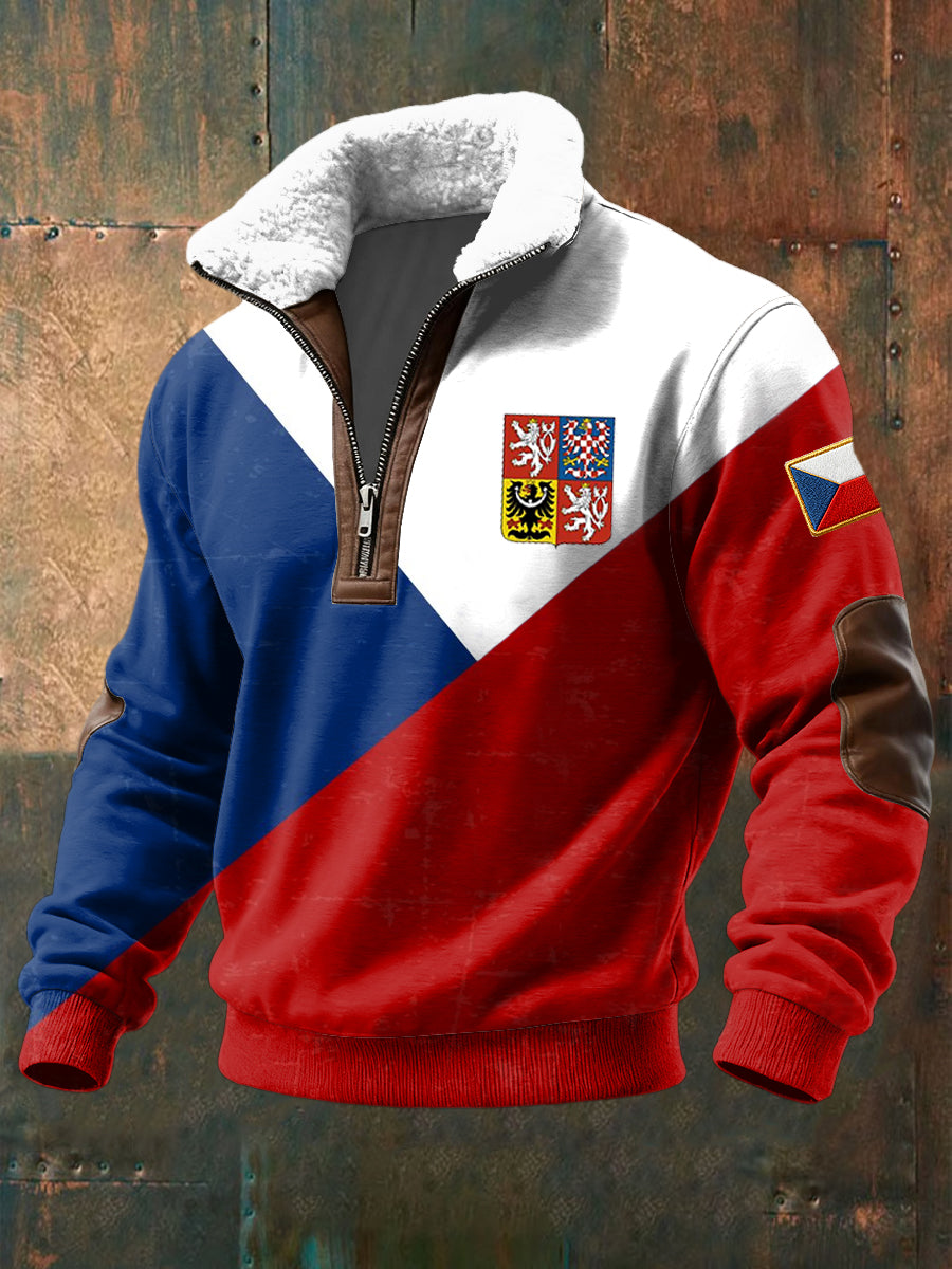 Retro Flag Patchwork Shearling Zipper Pullover