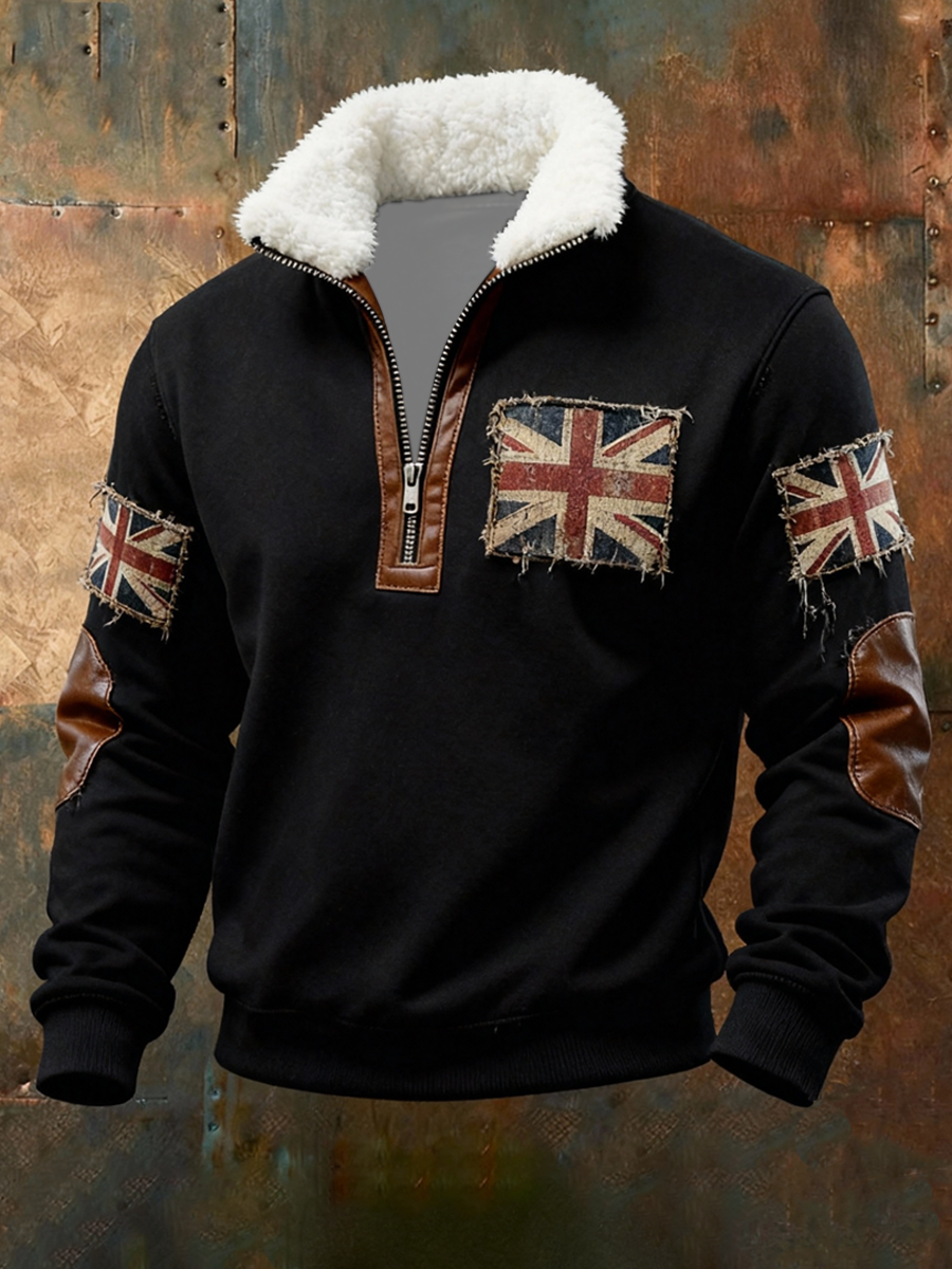 Men's British vintage flag print Plush Stand Collar Shirt