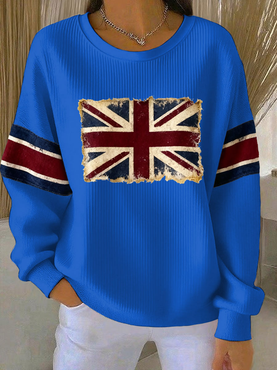 Women's British vintage flag print Ribbed Round-Neck Sweatshirt