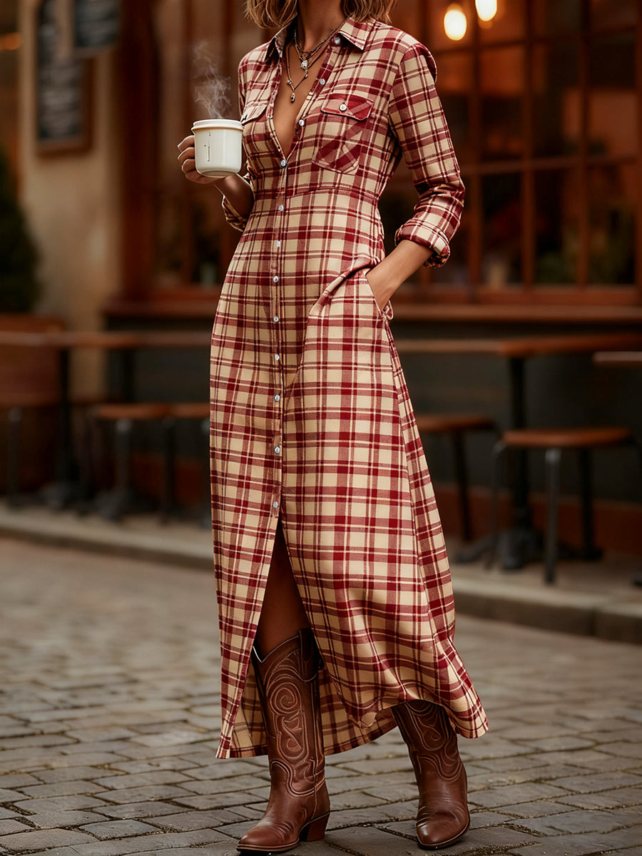 Women's Vintage Plaid Pattern Elegant Maxi Dress