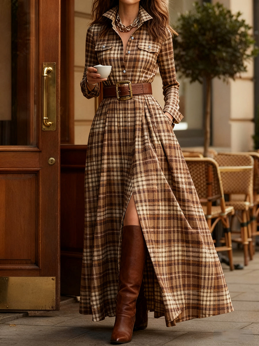 Women's Vintage Plaid Pattern Elegant Maxi Dress