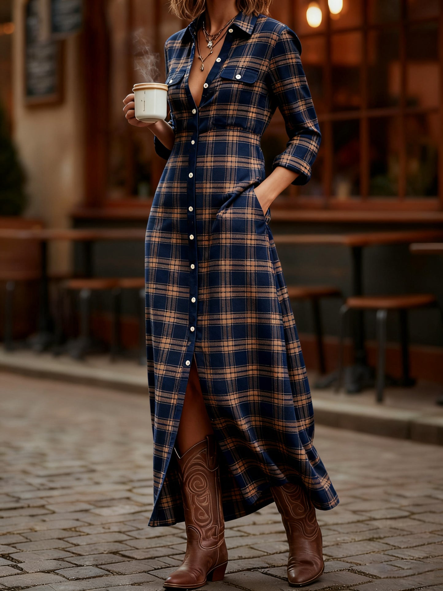 Women's Vintage Plaid Pattern Shirt Dress