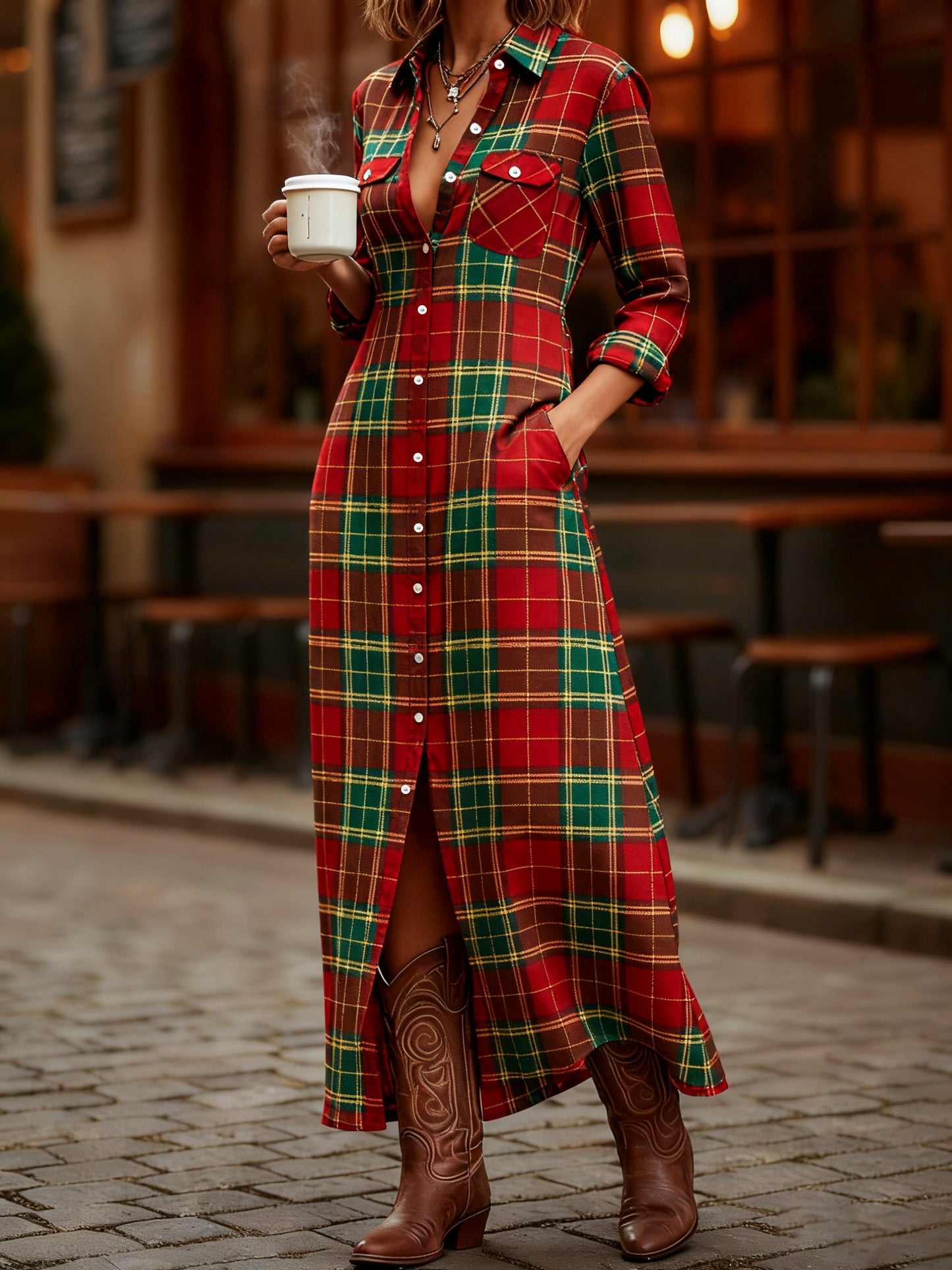 Women's Vintage Plaid Print Maxi Dress