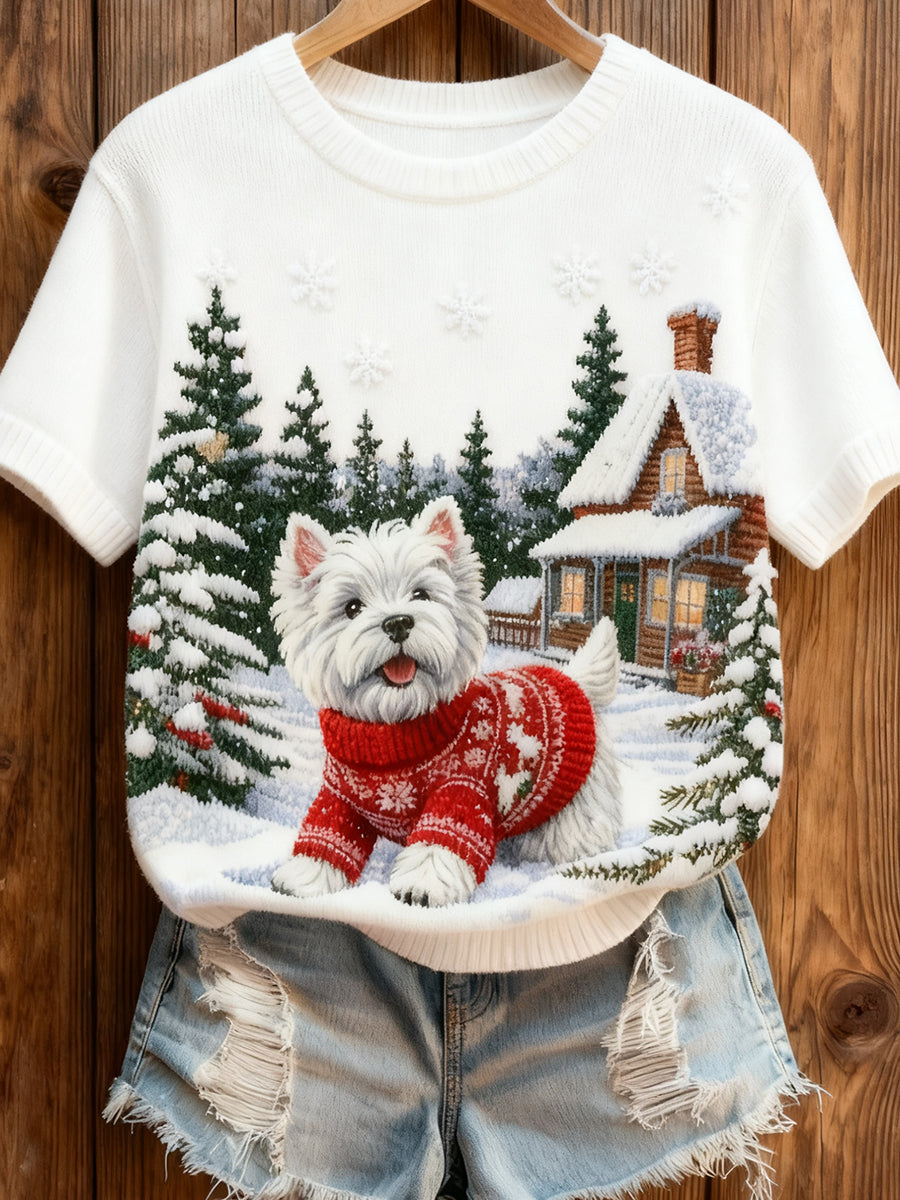 Women's Retro Christmas Animal Art Print Comfortable Knit Short-Sleeve Top