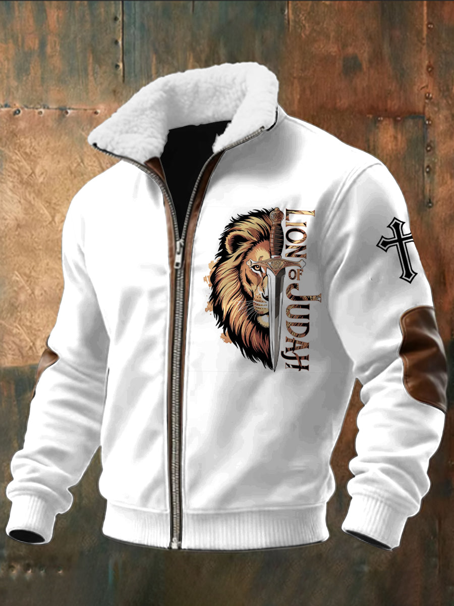 Retro Lion of Judah Cross Lambskin Collar Zipper Jacket