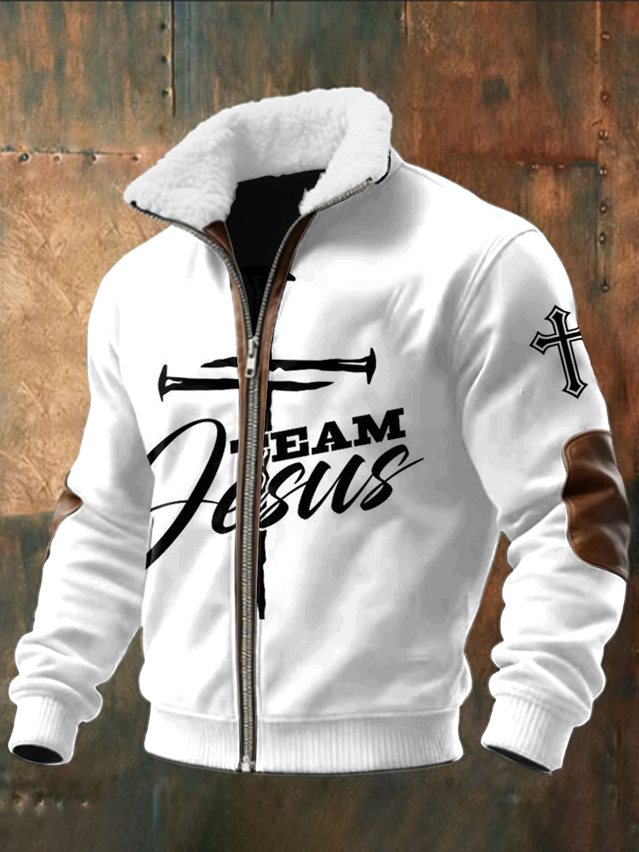 Retro Abstract Jesus Cross Lambswool Collar Zipper Coat