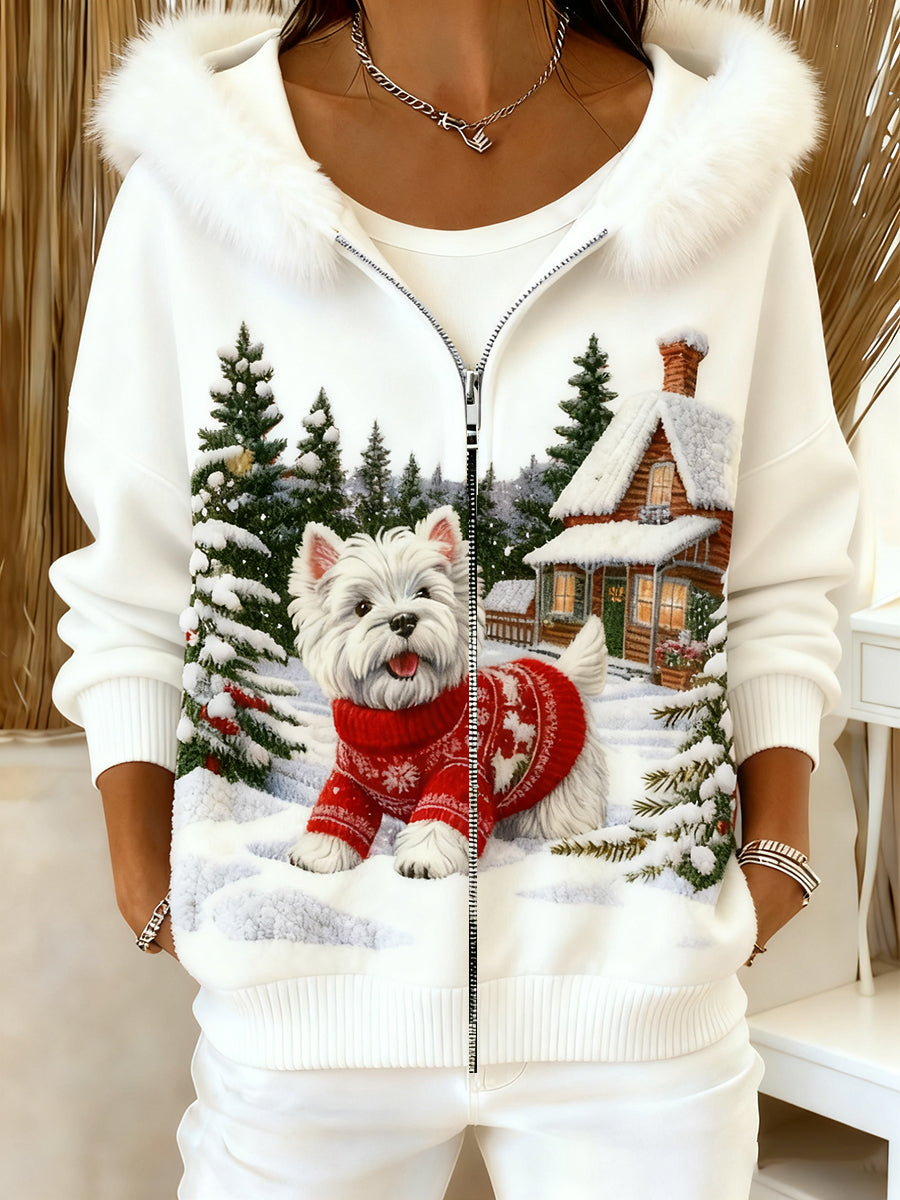 Women's Retro Animal Art Comfortable Plush Hooded Cardigan