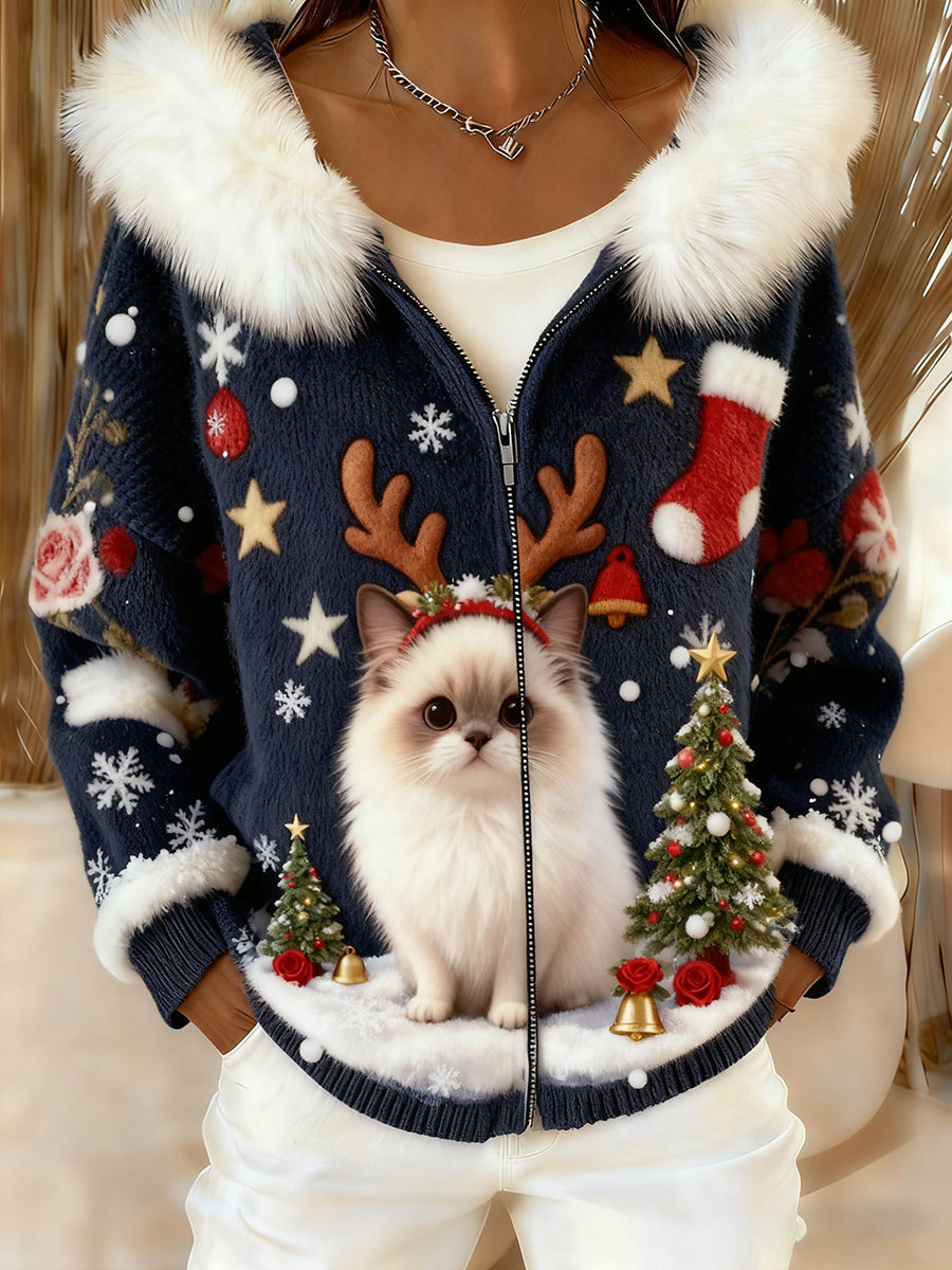 Women's Retro Animal Art Comfortable Plush Hooded Cardigan