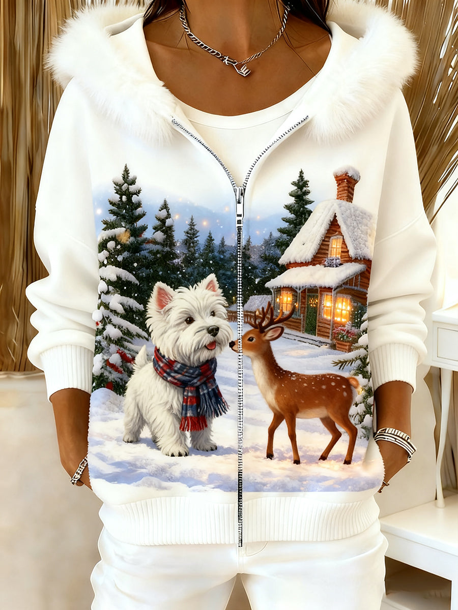 Women's Retro Animal Art Comfortable Plush Hooded Cardigan