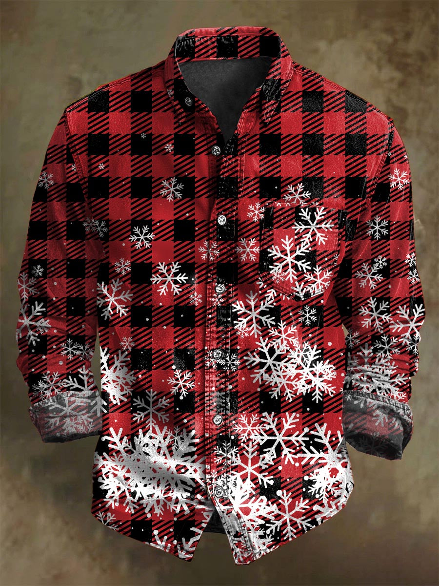 Christmas Snowflake Plaid Print Casual Long-Sleeve Shirt