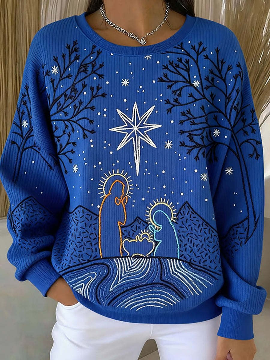 Women's Christian Nativity Scene Ribbed Round-Neck Sweatshirt