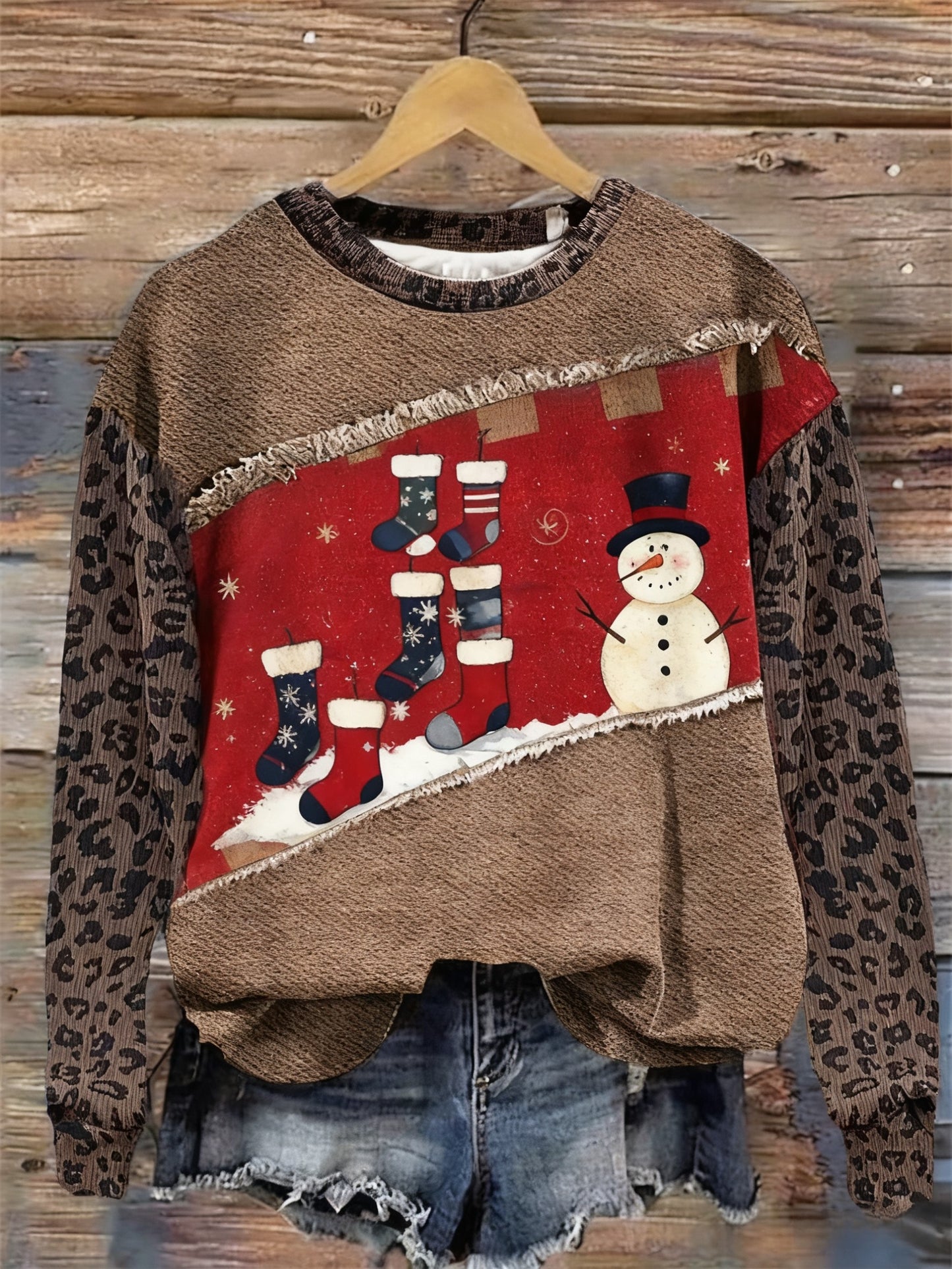 Retro Christmas Art Denim Leopard Patchwork Printed Casual Loose Long Sleeve Sweatshirt