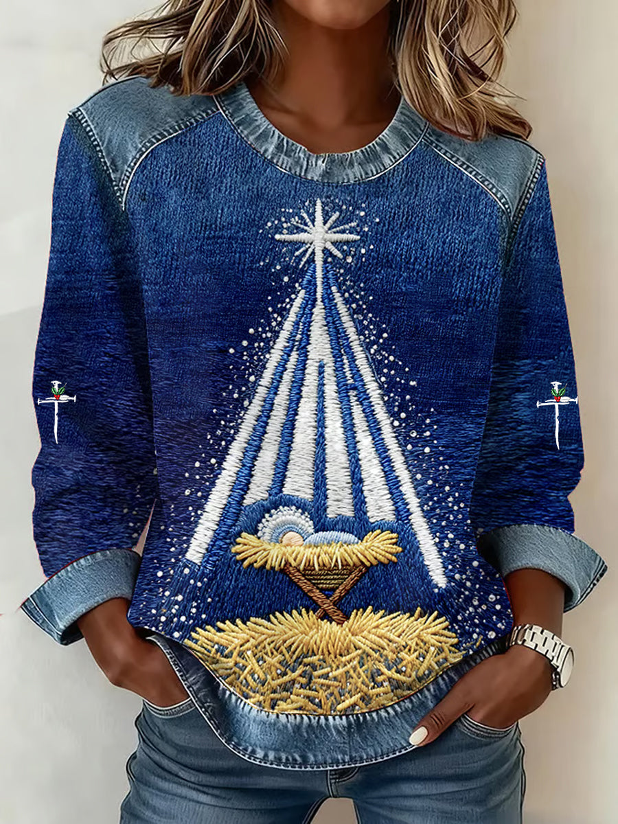 Women's Christian Nativity Scene Denim Patchwork Top