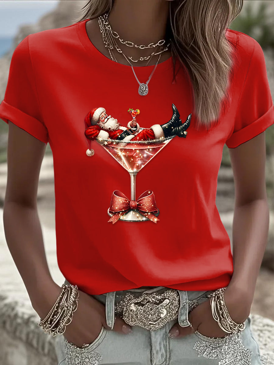 Retro Christmas Santa Claus Cocktail Print Comfortable Casual Cotton Short-sleeved T-shirt