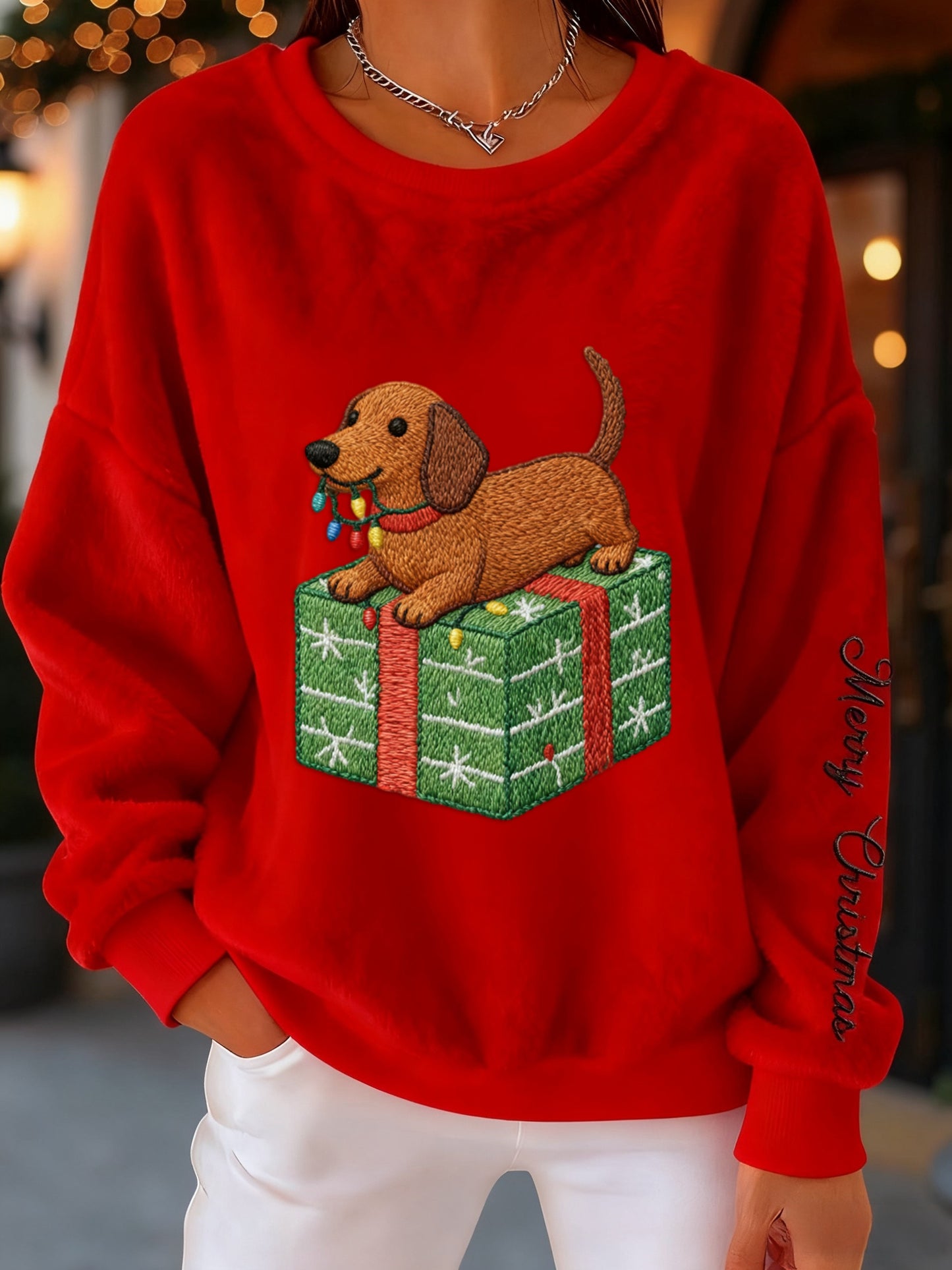 Retro Christmas Lights Dachshund Print Comfortable Flannel Sweatshirt
