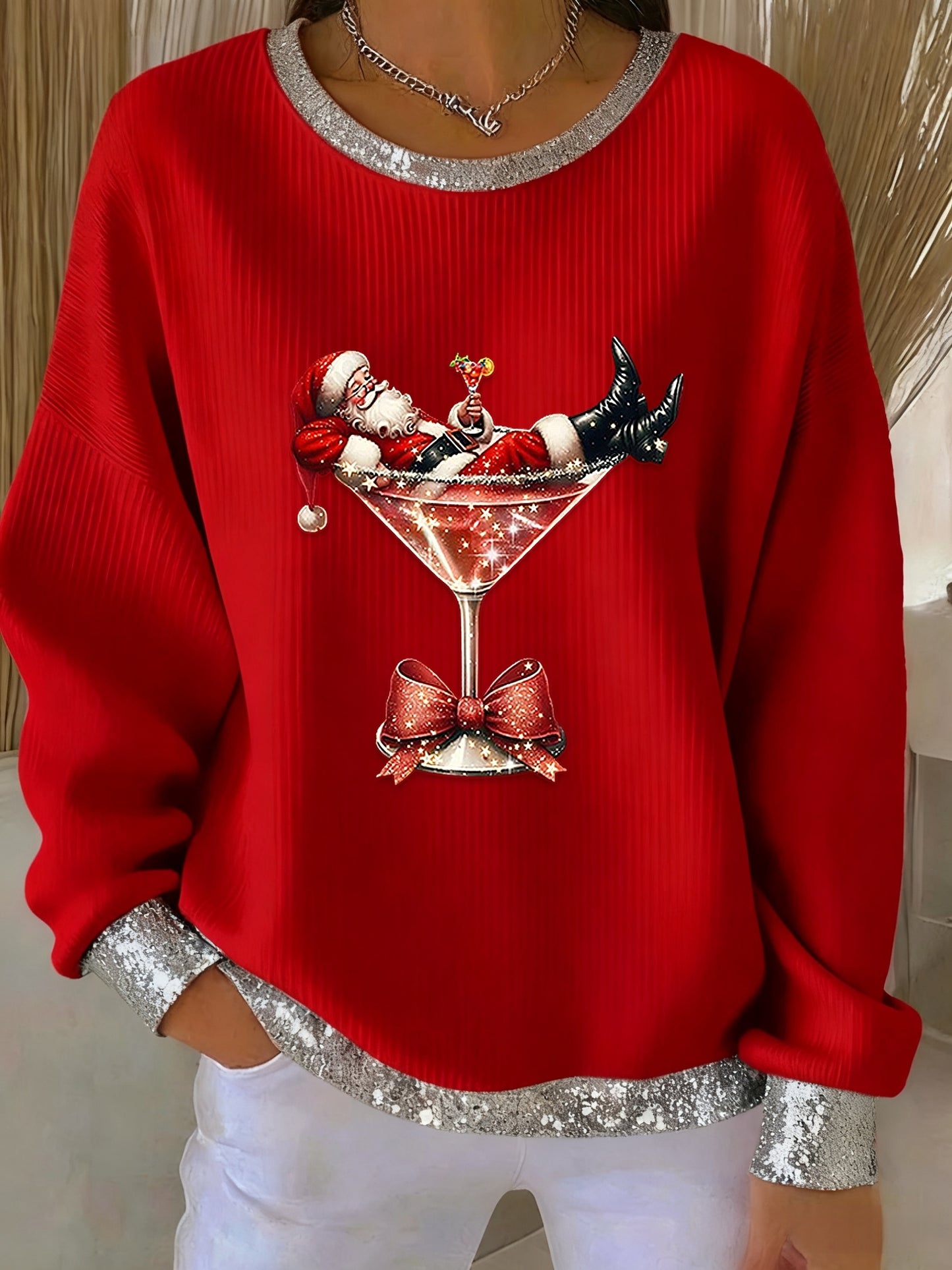 Retro Christmas Santa Claus Cocktail With Sequins Print Comfortable Long Sleeve Top