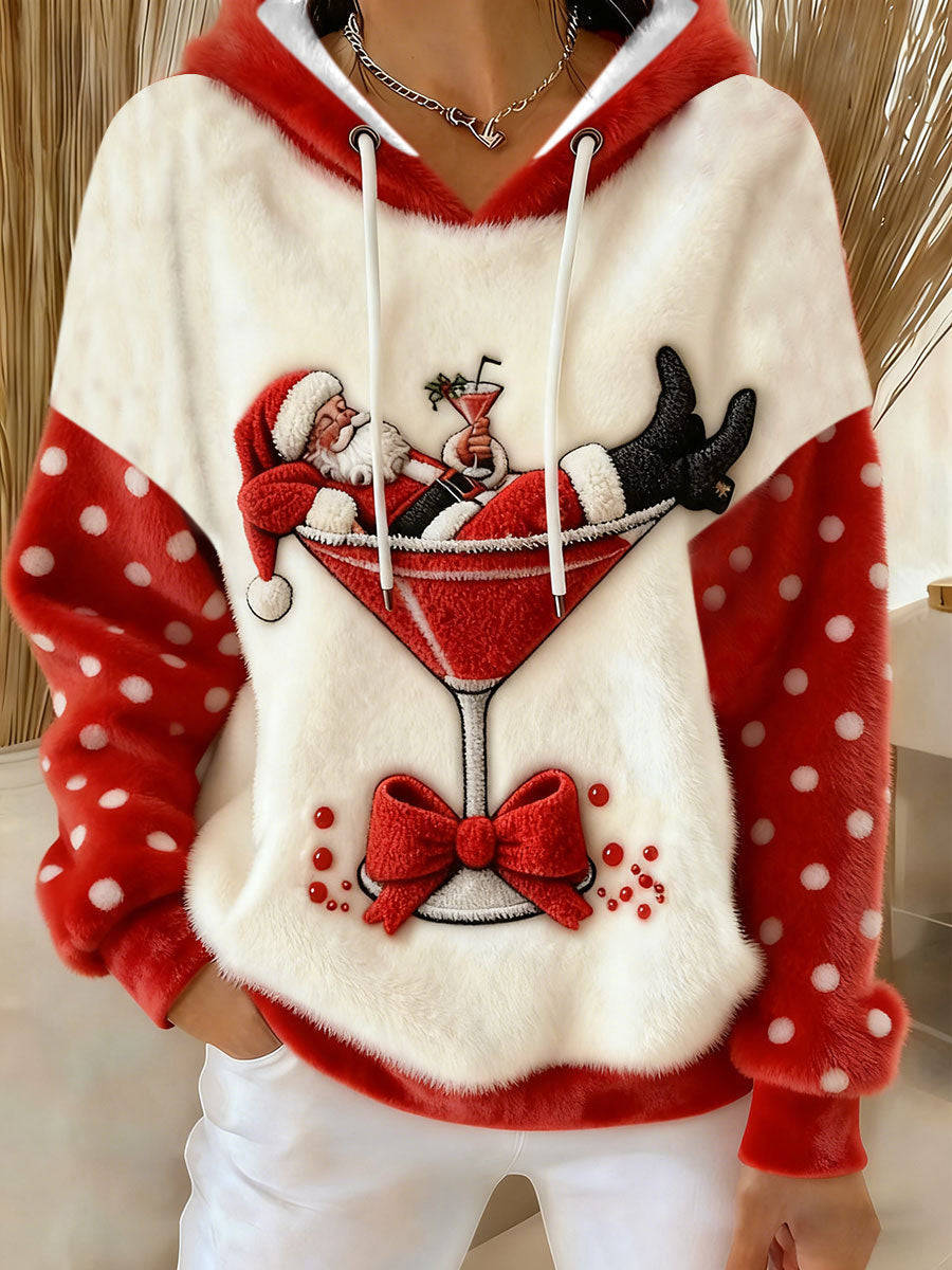 Women's Funny Christmas Santa Claus Wine Glass Flannel Hoodie