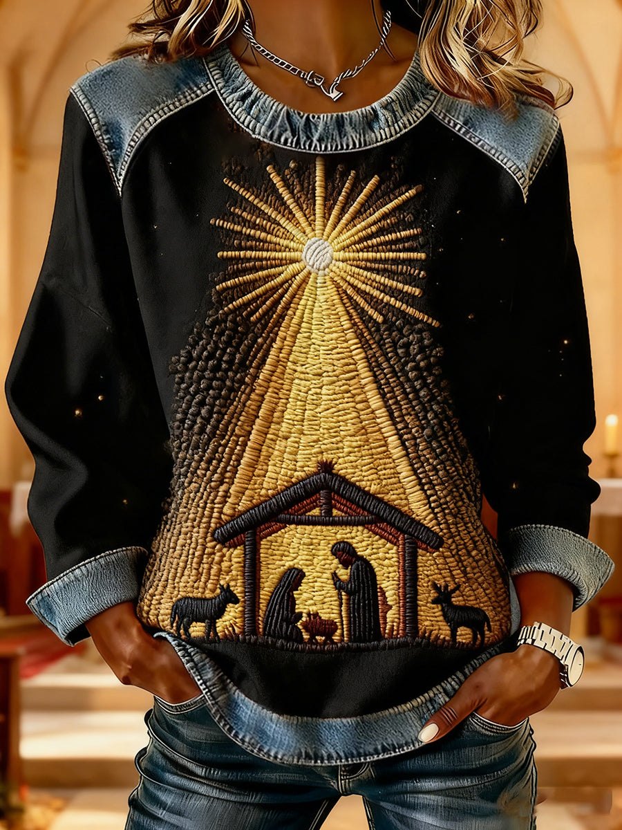 Women's Christian Nativity Scene Greatest Gift of All Denim Patchwork Top