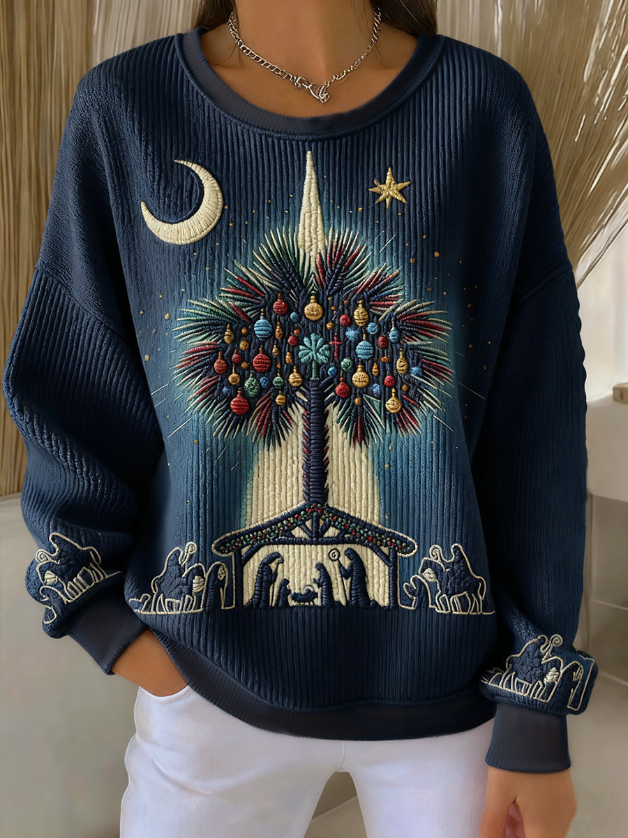 Women's Christian Nativity Scene Greatest Gift of All Ribbed Round-Neck Sweatshirt