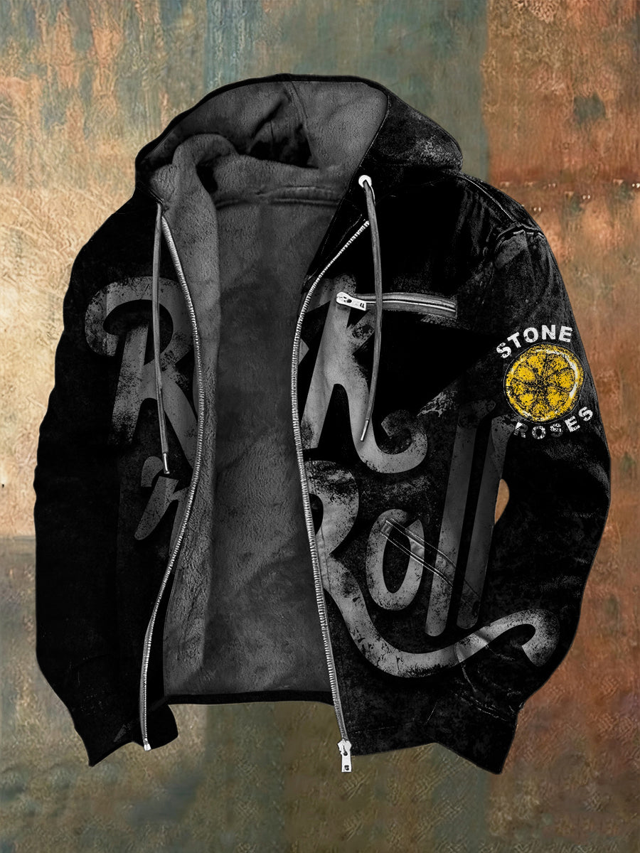 Men's Sleek Black Rock 'n' Roll Print Hooded Jacket