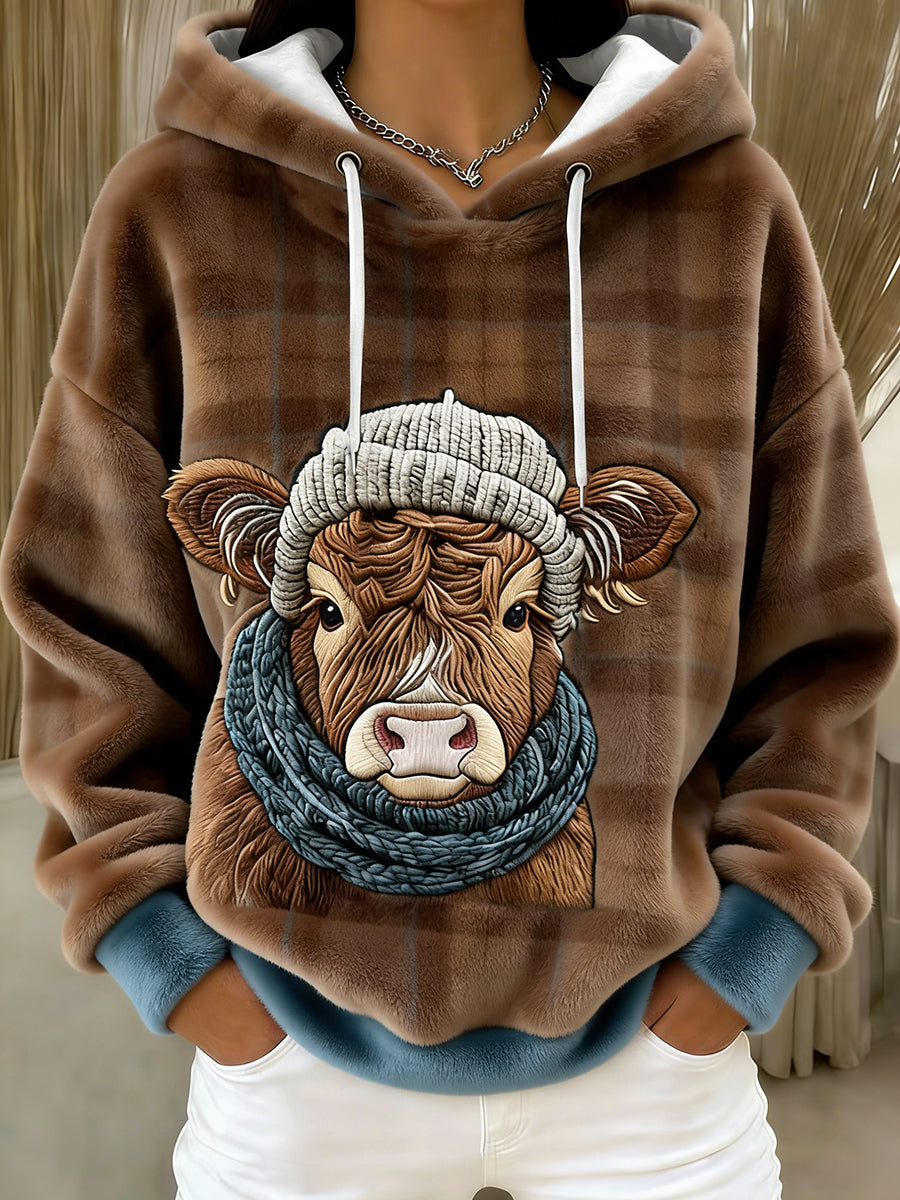 Women's Winter Cute Highland Cow Flannel Hoodie