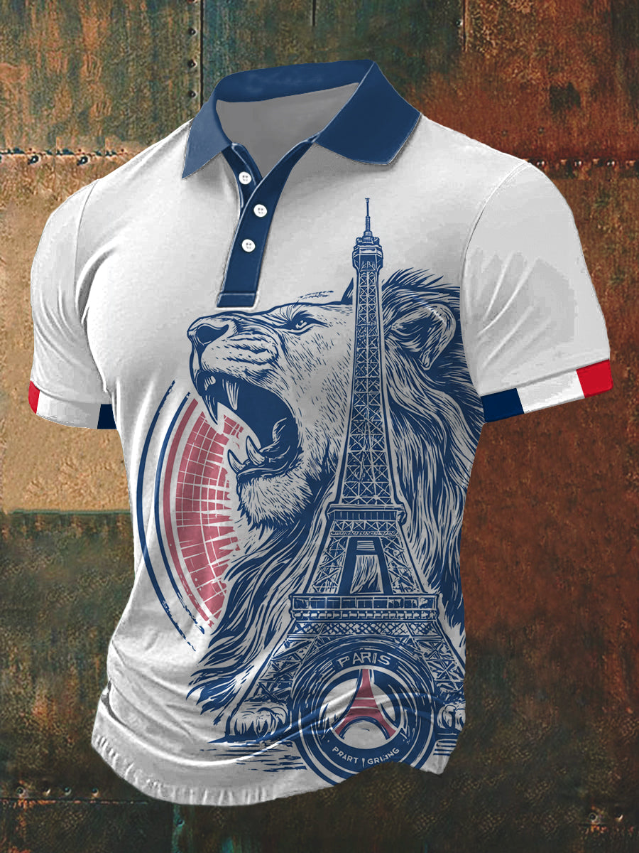 Men's PSG Paris Lion Print Polo Neck Short Sleeve T-Shirt