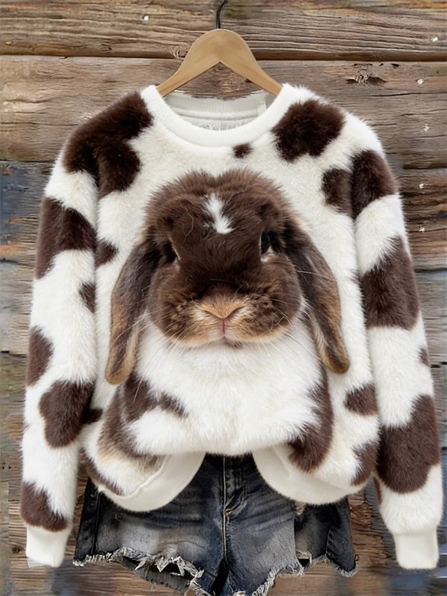 Women's Cute Bunny Art Round Neck Cozy Flannel Sweatshirt