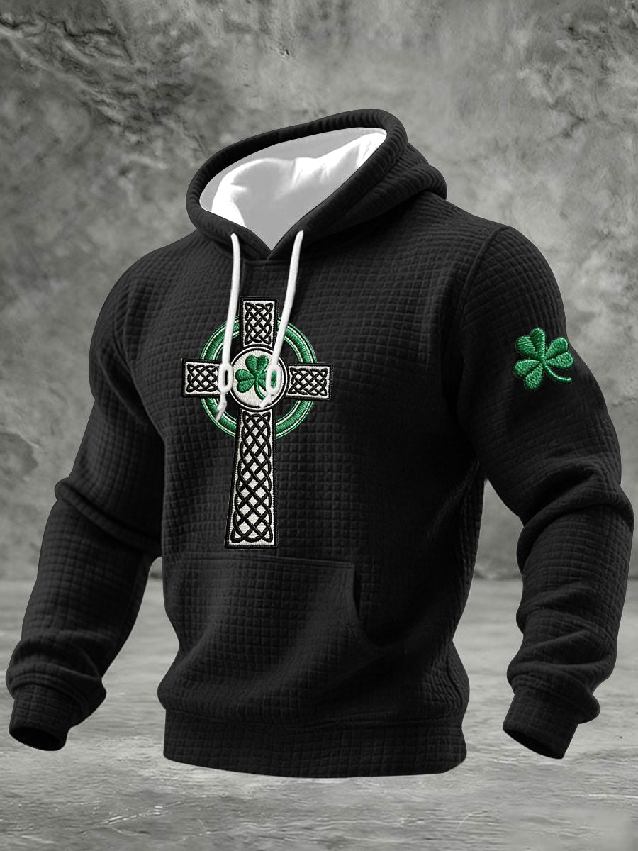 Men's St Patrick's Day Shamrock Celtic Knot Cross Print Checkered Cotton Hoodie