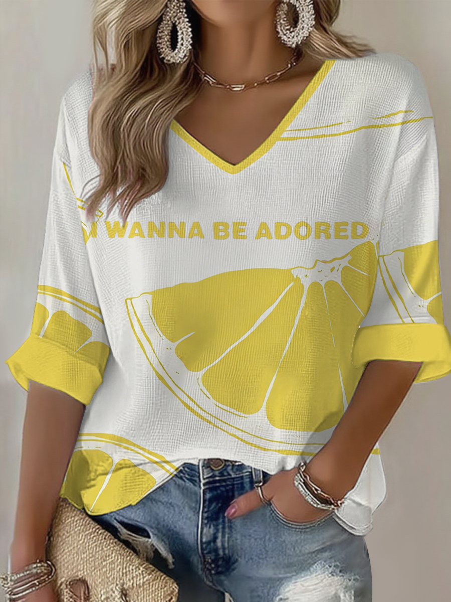 Women's Lemon Roses Music Lover Printed Waffle T-shirt