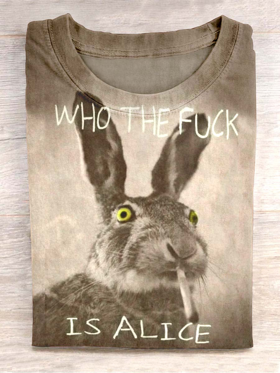 Unisex Smoking Bunny Print Casual Short Sleeve T-Shirt