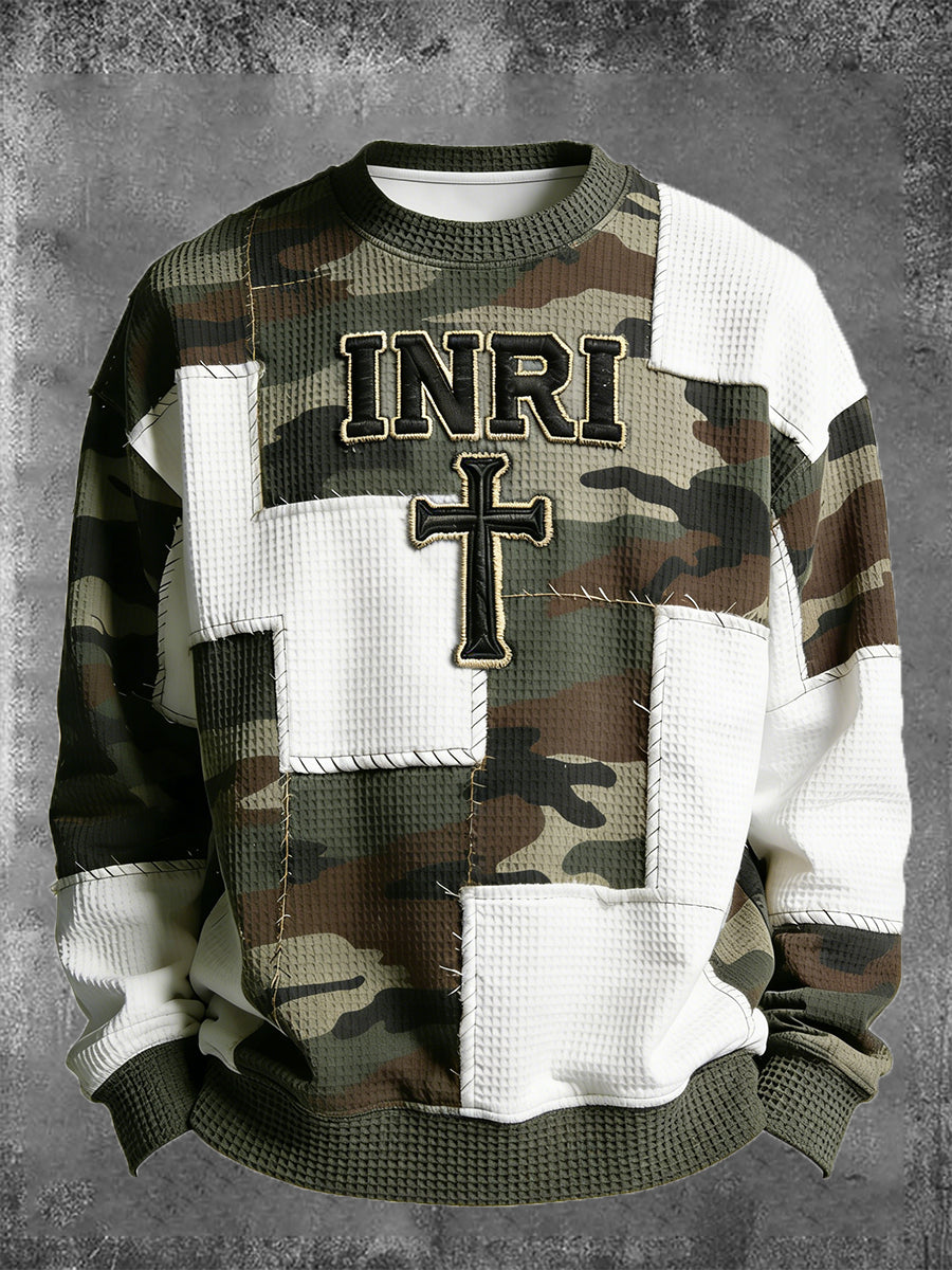 Men's Christian Inri Cross Camouflage Print Casual Waffle Sweatshirt