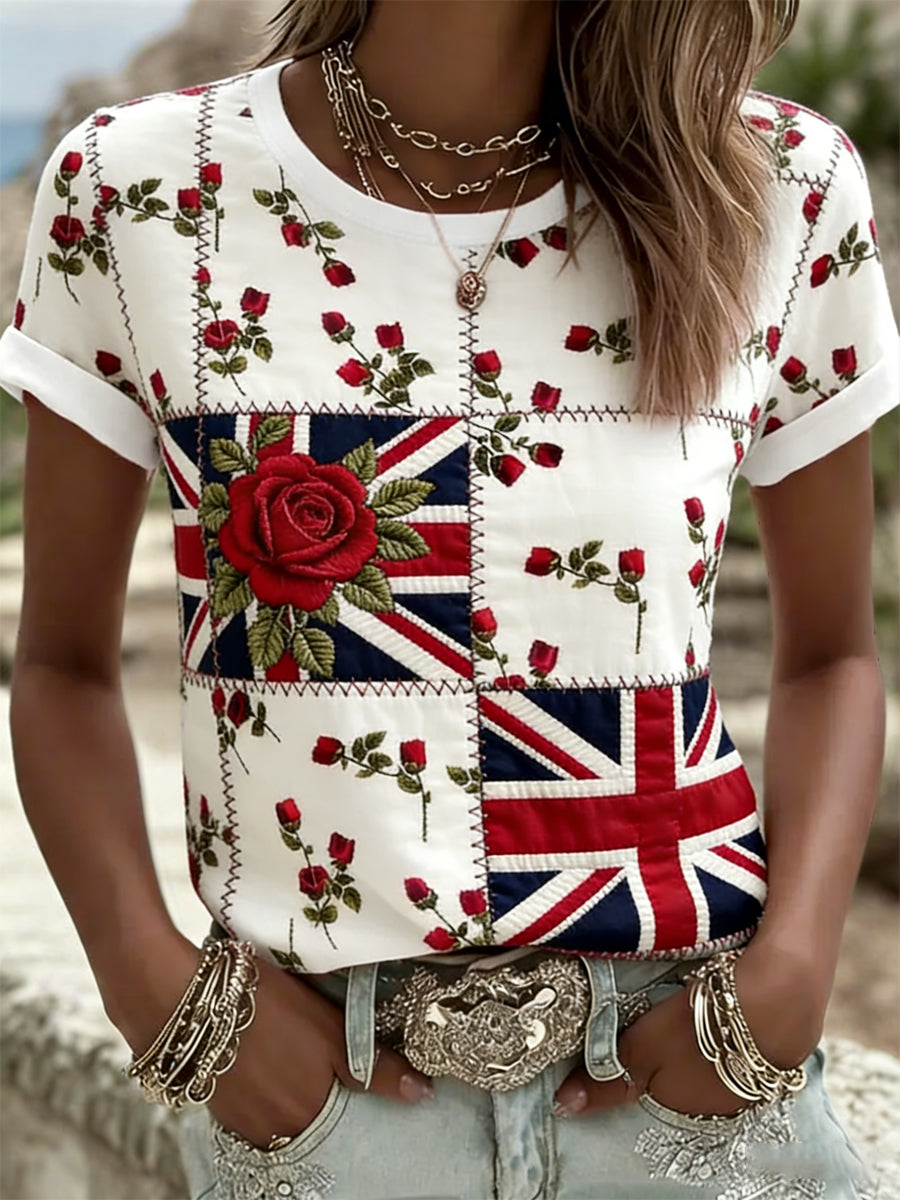 Women's British Style Plants Flowers Printed T-shirt